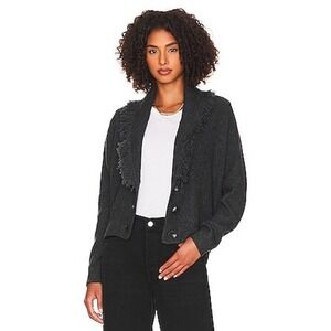 27 Miles Cashmere Blend Fringe Shawl Collar Cardigan Sweater Charcoal Grey